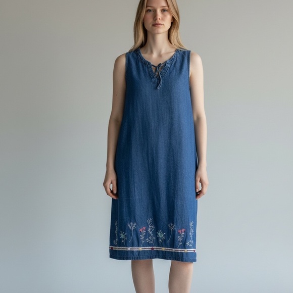 Vanity Fair Vintage Blue Denim Sleeveless Midi Dress Sz 18 Floral Embroidery - Picture 2 of 8